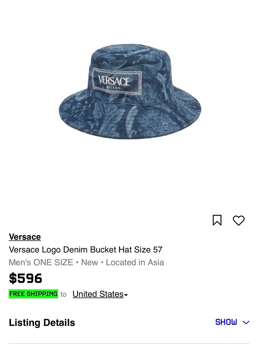 Versace Navy Floral Denim Bucket Hat with Logo Patch size 59.